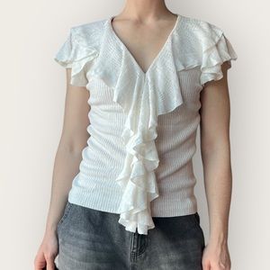 Ralph Lauren Linen White Knit Ruffle Blouse Size L